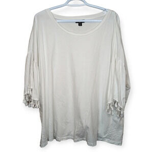 Lord & Taylor 100% Cotton White T Shirt Tasseled  Sleeves Women 2XL Plus Size